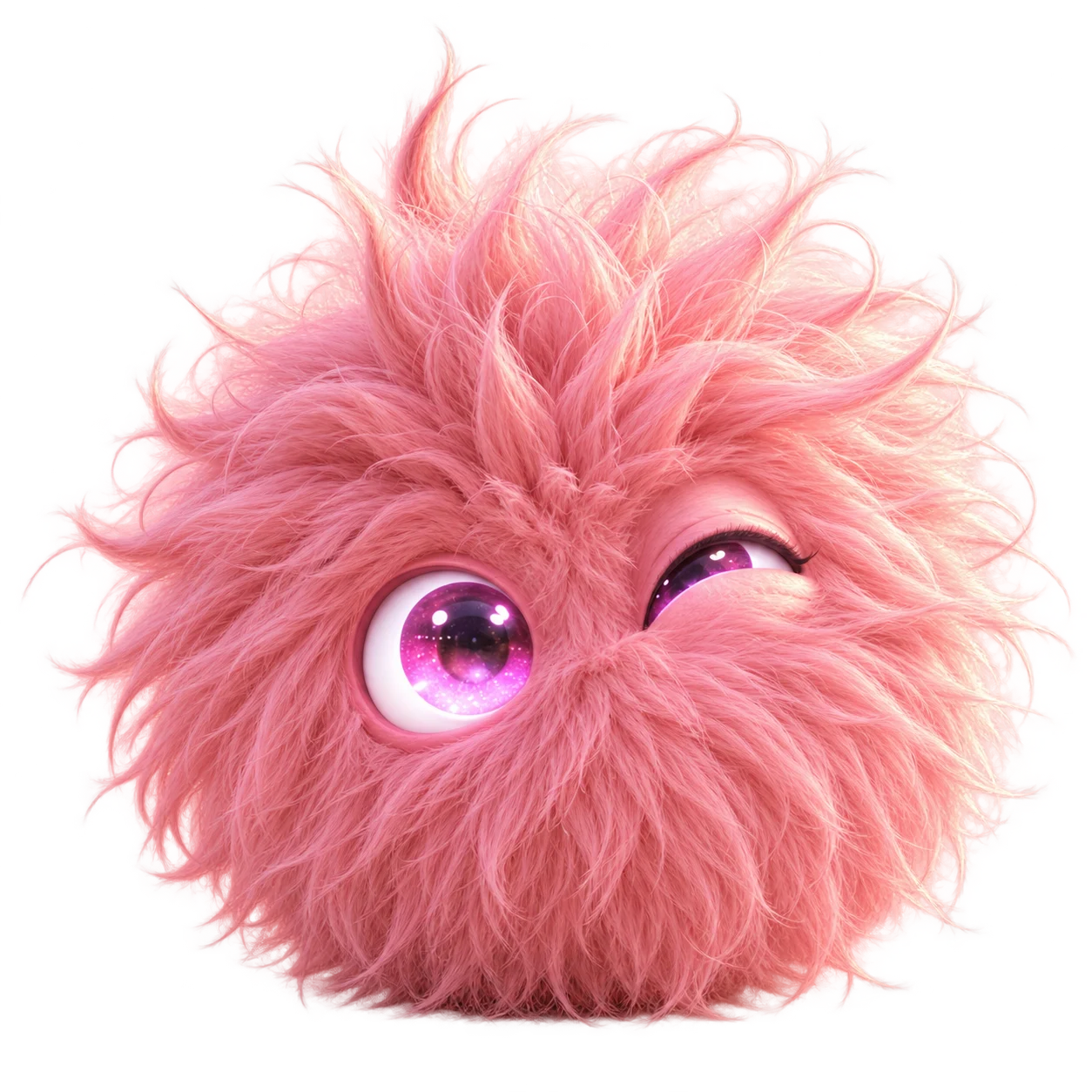Petal, PoliSyntia’s flagship AI companion prototype: a fluffy pink character with expressive lilac eyes